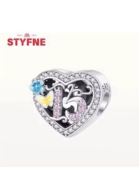 Sterling Silver 925 Heart '”15” Birthday Charm with Pink Crystals & Blue Flower